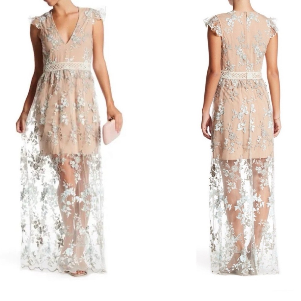 Wayf Floral Mesh Lace Embroidered Maxi Cocktail Dress - Picture 1 of 7
